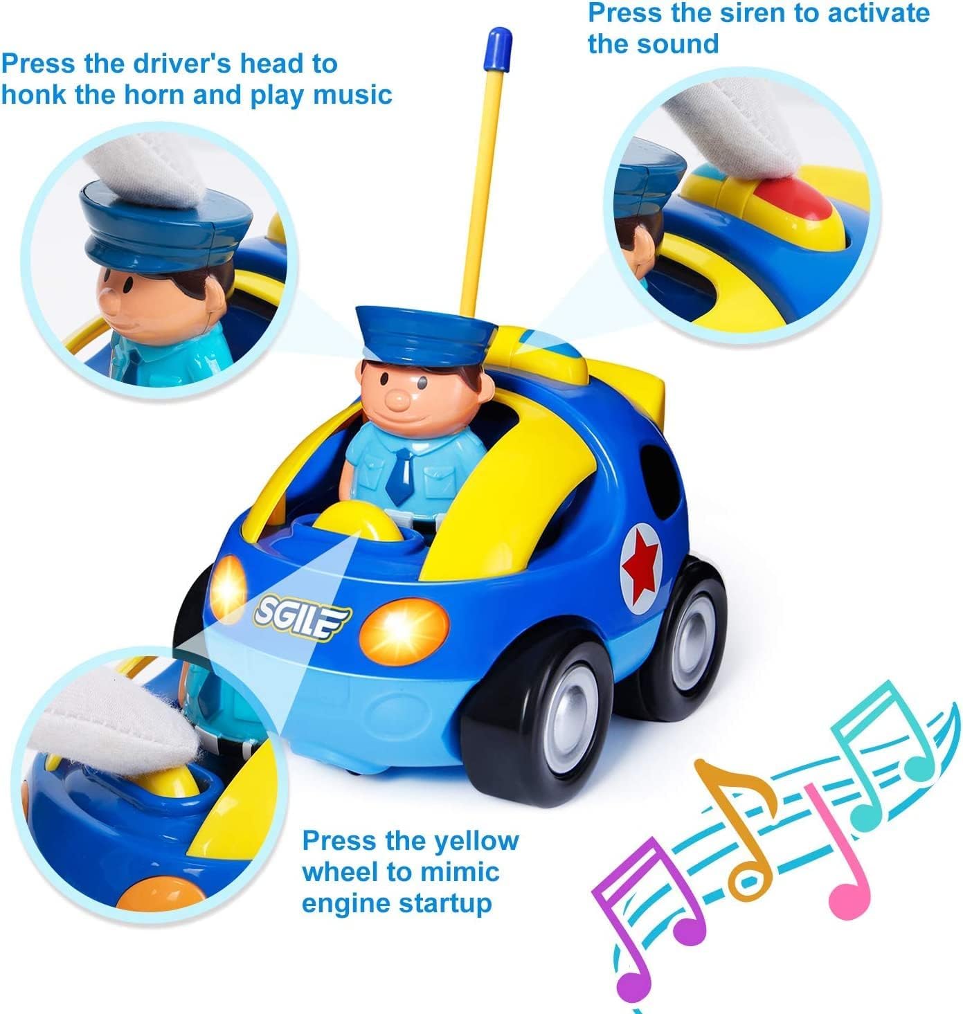 SGILE Remote Control Car for Toddlers with Sound and Light, RC Police Car Toys Birthday Gift Present for 18 Month+ Year Old Boys Girls, Blue