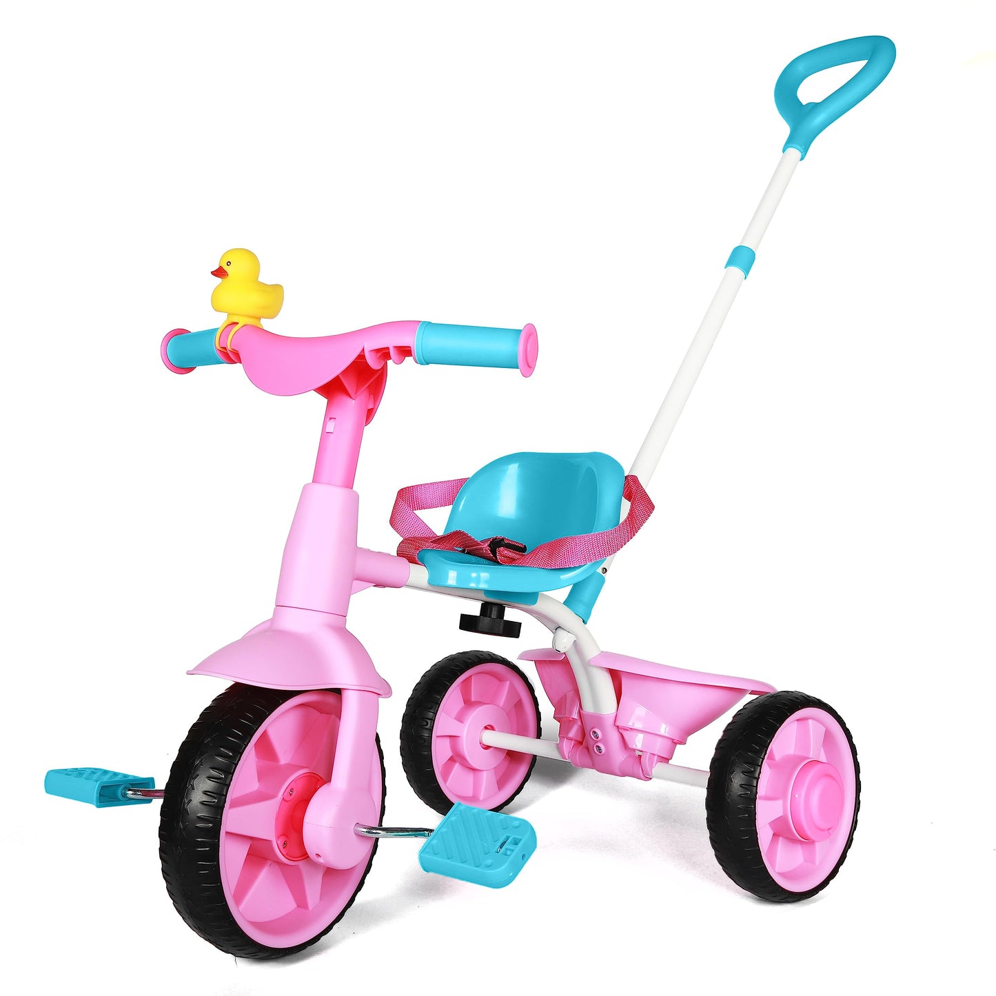 KRIDDO 2 in 1 Kids Tricycles Age 18 Month to 3 Years, EVA Wheels Upgraded, Gift Toddler Tricycle, Trikes for Toddlers 2 to 3 Year Old with Push Handle and Duck Bell, Pink