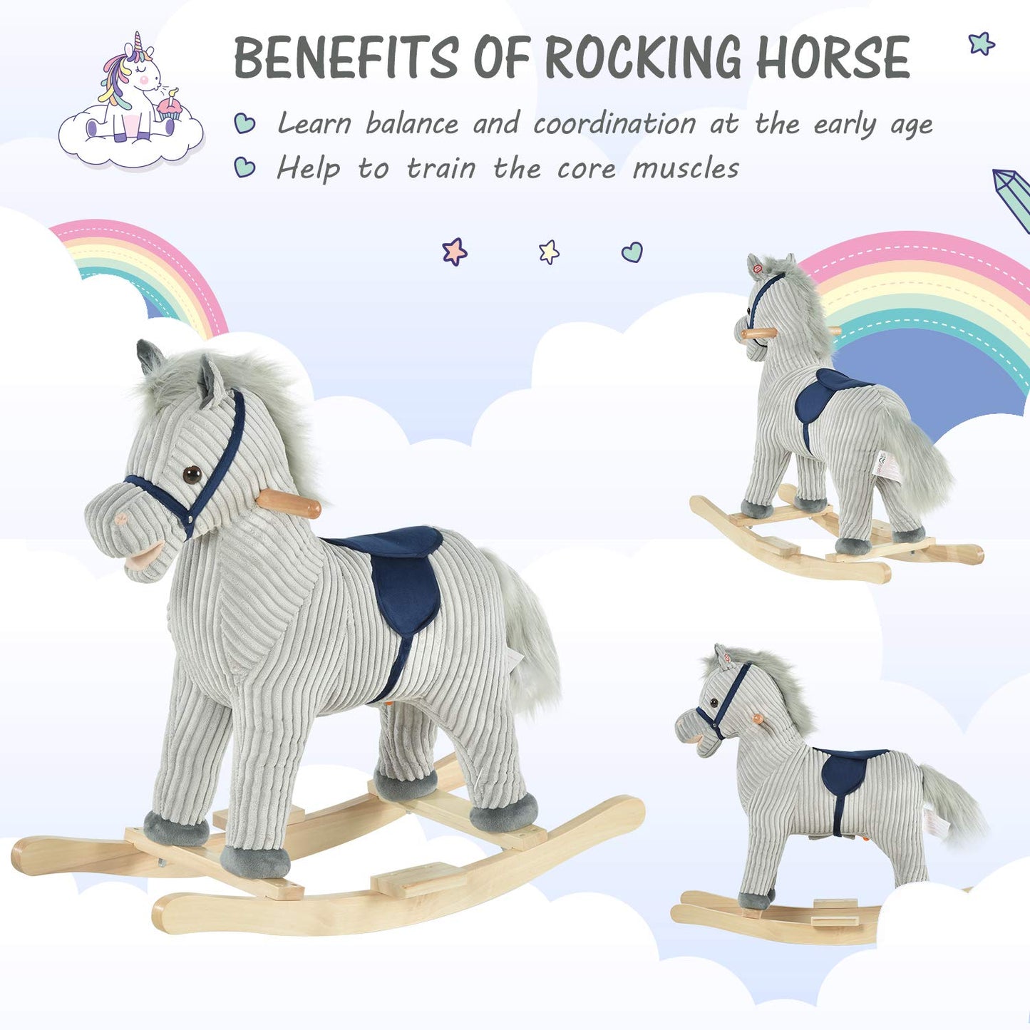HOMCOM Kids Plush Rocking Horse w/Sound Children Rocker Ride On Toy Gift 3-6 Years Grey