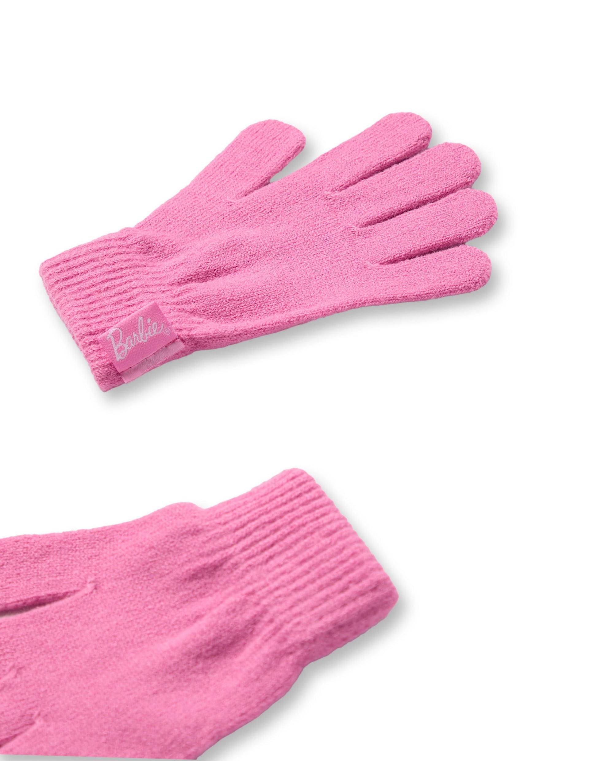 Barbie pink Fair Isle beanie and gloves set for kids, featuring cozy knit design for winter cold weather.