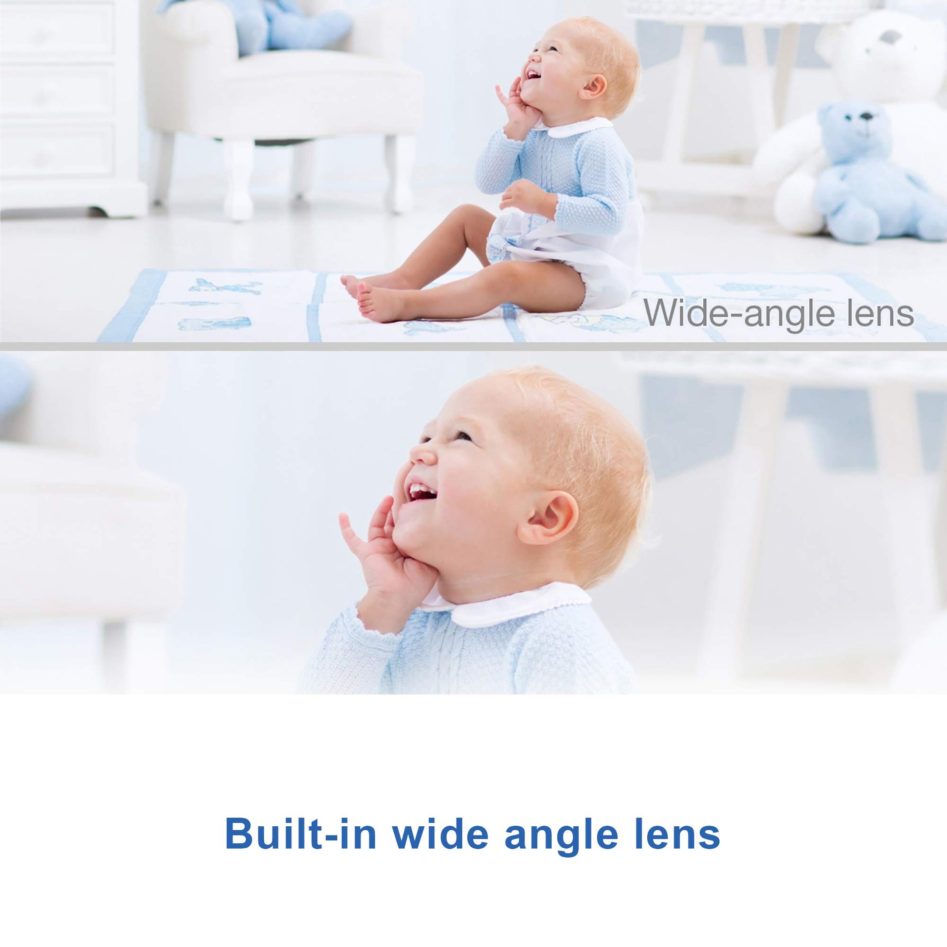 VTech VM901 Wi-Fi baby monitor with 5-inch display, HD camera, night vision, pan tilt zoom, and 2-way talk in a nursery setting.