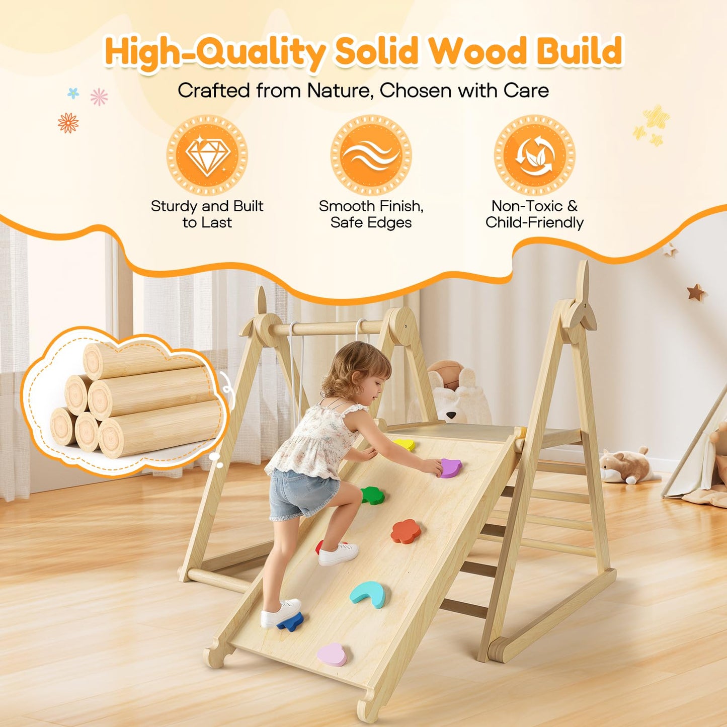 5 in 1 Indoor Jungle Gym,Foldable Wooden Climbing Set with Swing, Slide, Ladder and Climbing Wall,Montessori Philosophy Climber Playset for Kids