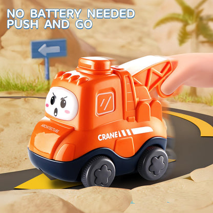 Six cartoon truck and tractor toys with cranes, stored in a playmat and storage bag, for toddlers and young boys.