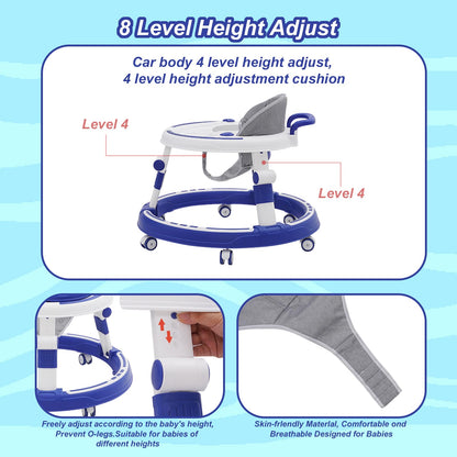 Maycoly foldable baby walker with seat, foot pads, light, sound, and anti-rollover features, round-shaped push along baby chair.