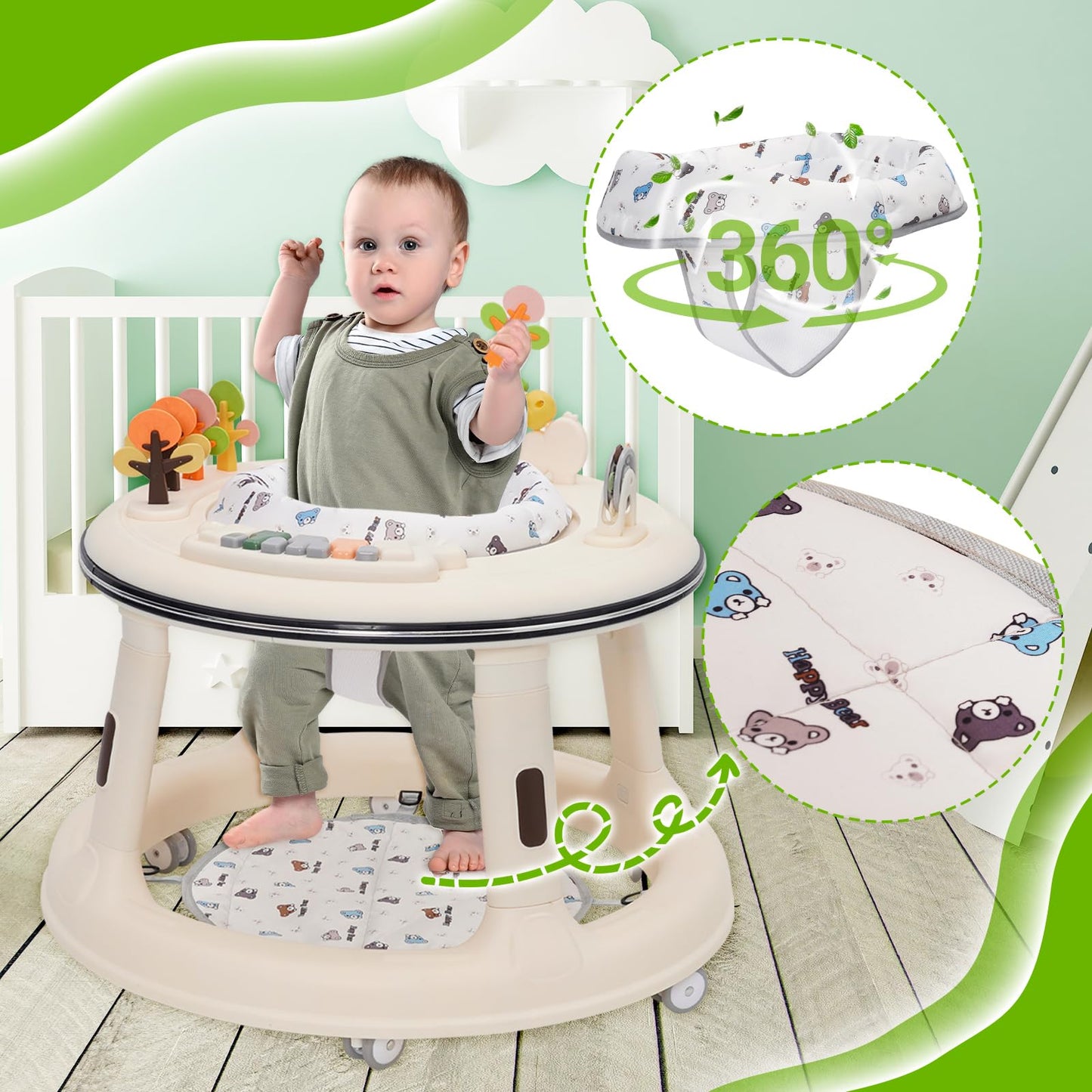 Baby walker by Forroby with adjustable height, music, lights, 360° wheels, swivel seat, foot pad, and activity play center in white.
