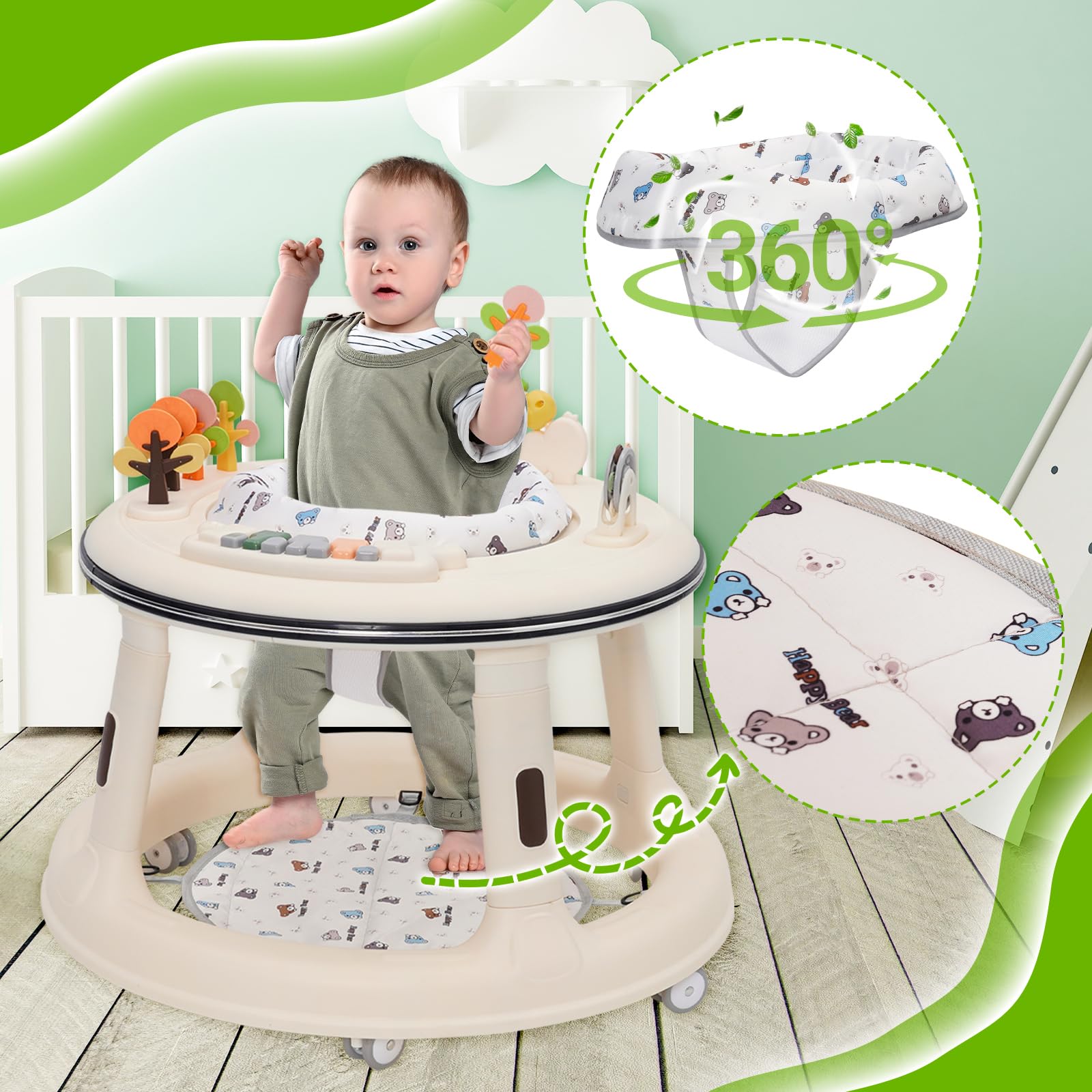 Baby walker by Forroby with adjustable height, music, lights, 360° wheels, swivel seat, foot pad, and activity play center in white.