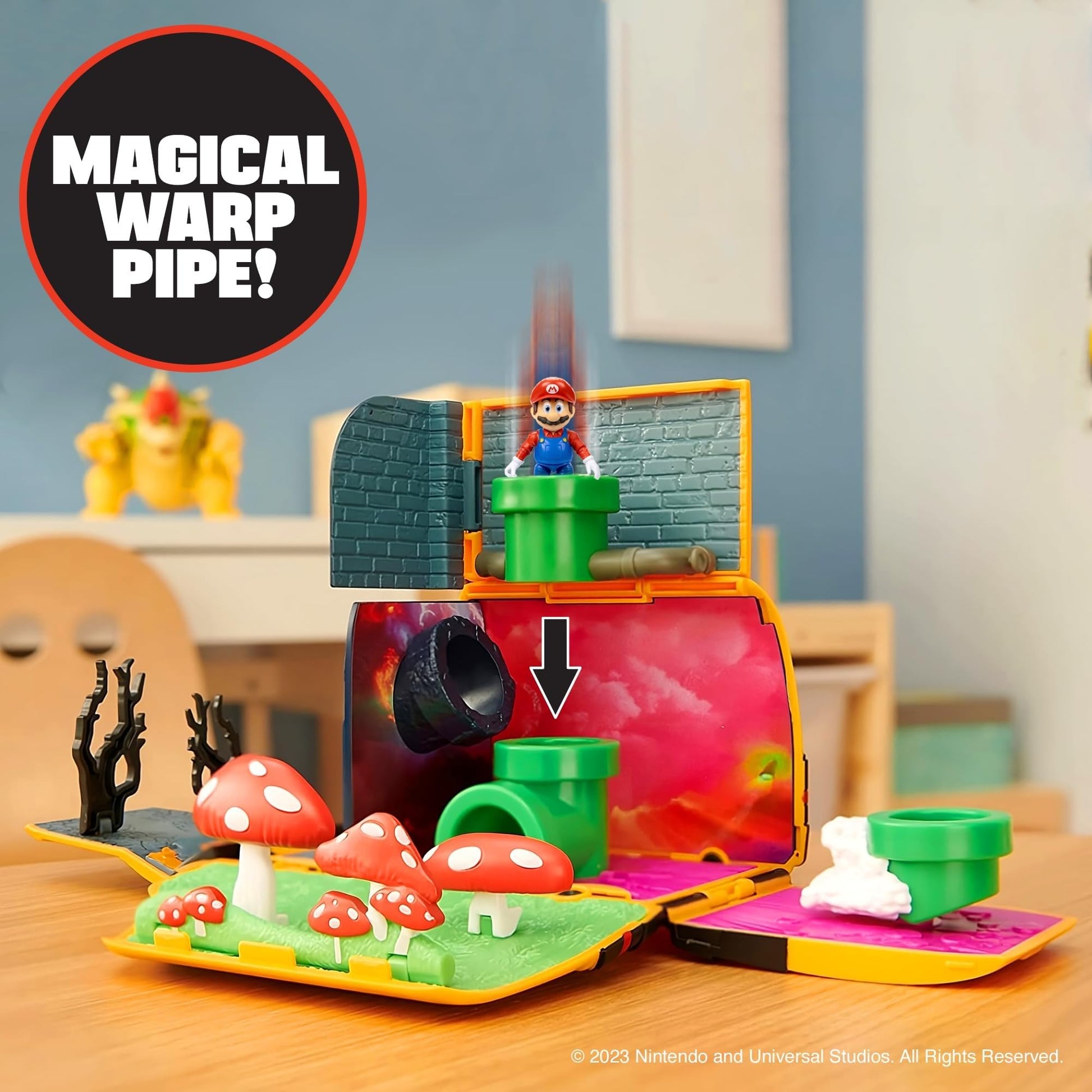 Super Mario Bros Movie Van Playset by Jakks Pacific featuring a transforming vehicle, Mario figure, warp pipe, and movie scene details.
