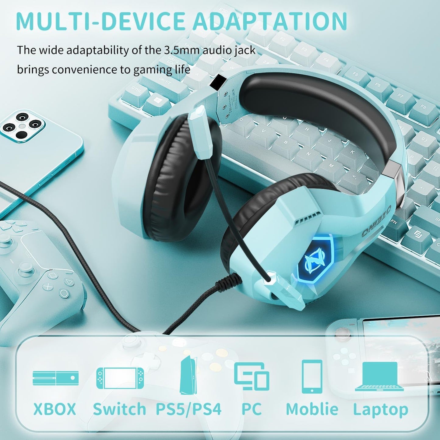 Ozeino Gaming Headset, 3D Sound Effects, Noise Eduction Microphone, Gaming Headphone for Ps4, Ps5, Xbox One, PC, Switch(light blue)