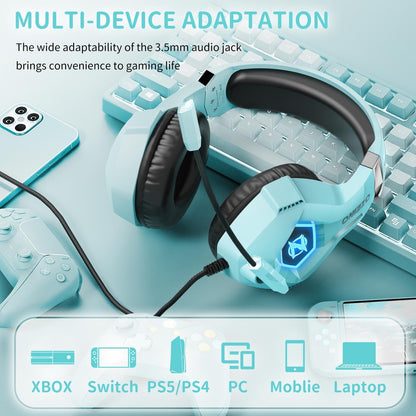 Ozeino Gaming Headset, 3D Sound Effects, Noise Eduction Microphone, Gaming Headphone for Ps4, Ps5, Xbox One, PC, Switch(light blue)