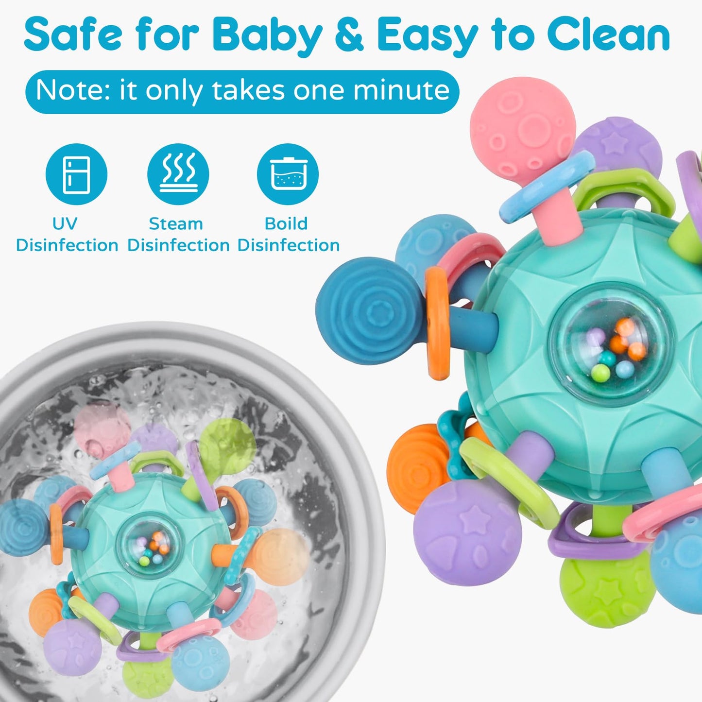 Blue baby rattle and teether toy from Kaybolge, sensory Montessori toy for 0-12 month infants, perfect for grasping and shaking.