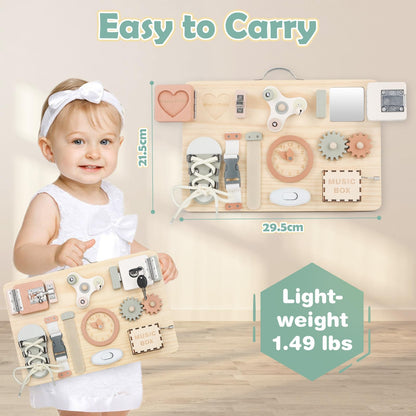 Joyreal wooden busy board for toddlers with sensory activities, fidget toys, and Montessori travel features for fine motor skill development.