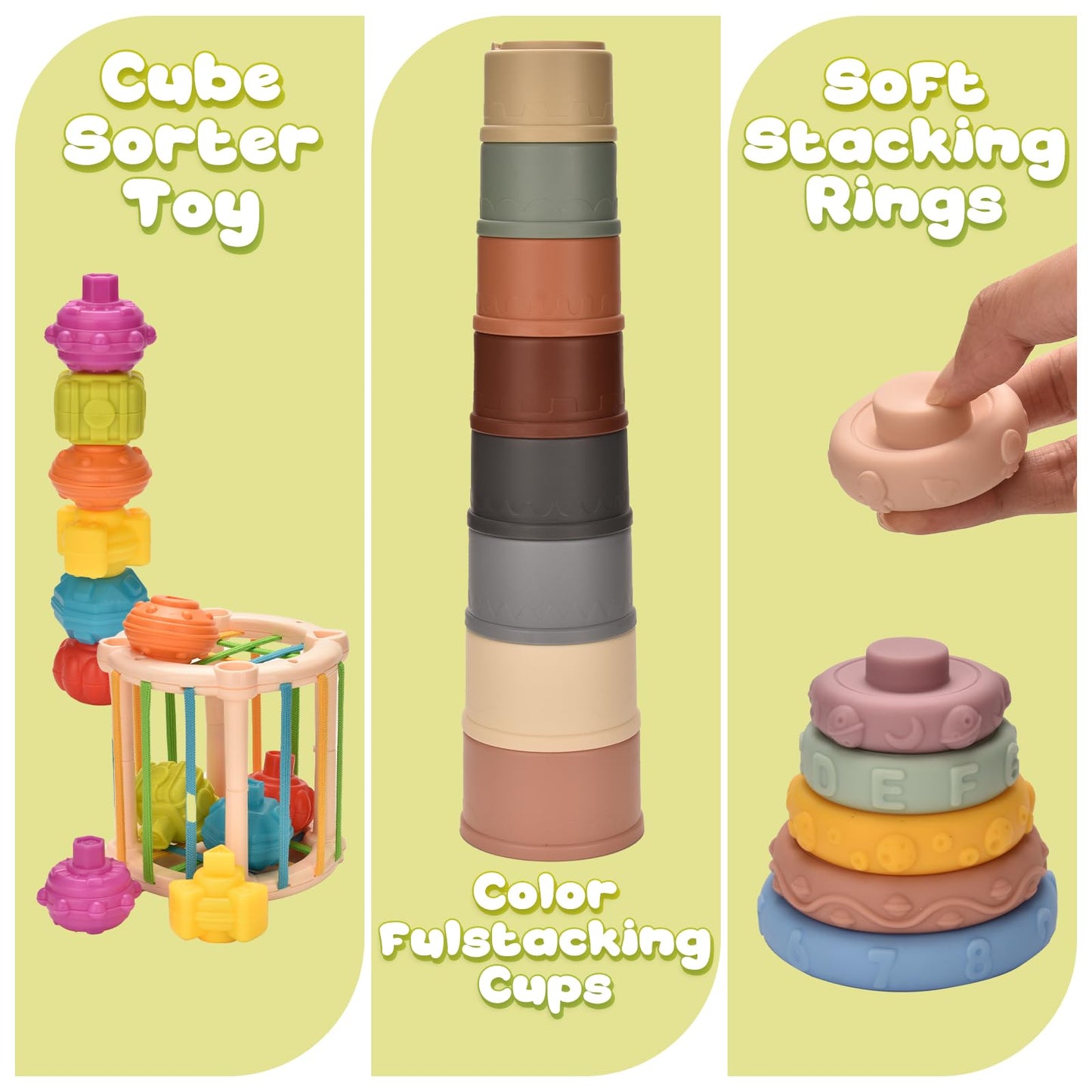 Majabike Baby Toys,7 in-1 Montessoriii Sensory Toys for Toddlers,Stacking Baby Blocks, Stacking Blocks Rings, Matching Eggs, Suction Cup Spinner,Stacking Cups, for Toddler Gift