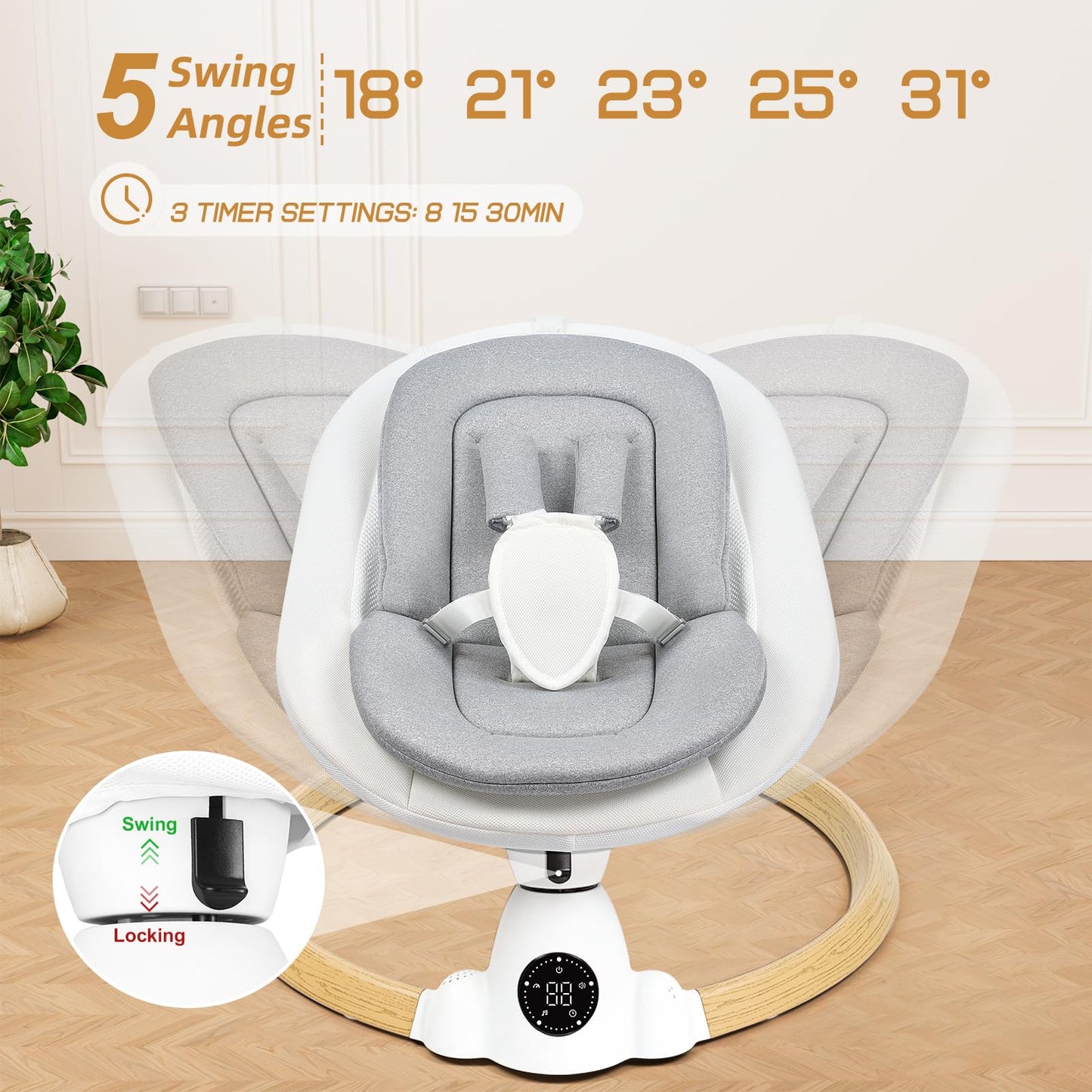 Uuoeebb portable electric baby bouncer with wood finish, Bluetooth, 5 swing speeds, 10 lullabies, 5-point harness, remote and touch controls