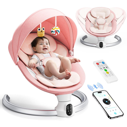 Aoykkii Electric Baby Bouncer Chair with Mobile App Control,Remote Control and IMD Touch Panel,Electric Baby Swing with 5 Swing Amplitudes 3-Stage Timer,Soft Padded Lamb Newborn Bouncer (Pink)