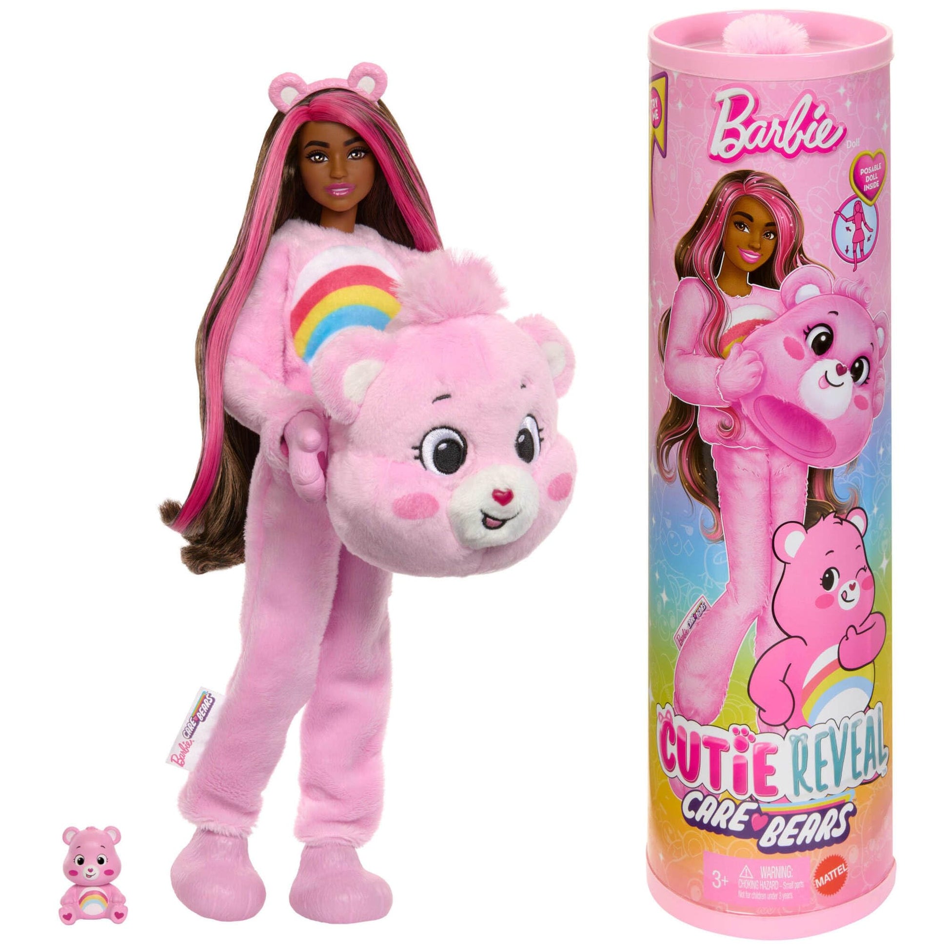 Barbie Cutie Reveal Care Bears Series doll with Cheer Bear plush costume, accessories, and 10 surprises including color change features.