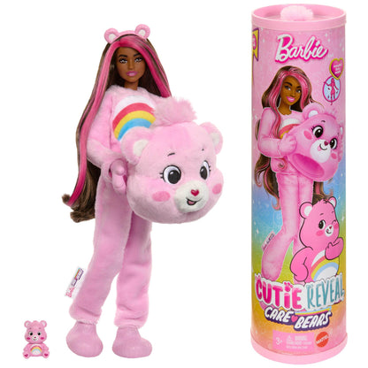 Barbie Cutie Reveal Care Bears Series doll with Cheer Bear plush costume, accessories, and 10 surprises including color change features.
