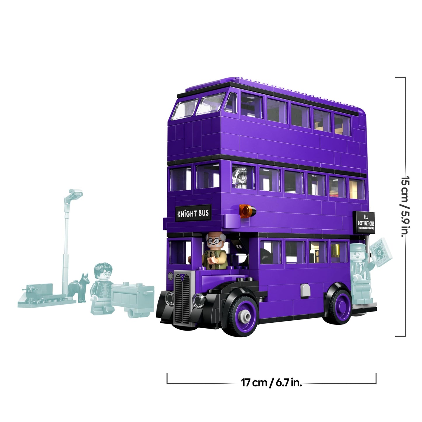 LEGO Harry Potter Knight Bus Adventure set with three minifigures, wands, and detailed bus design from Prisoner of Azkaban.