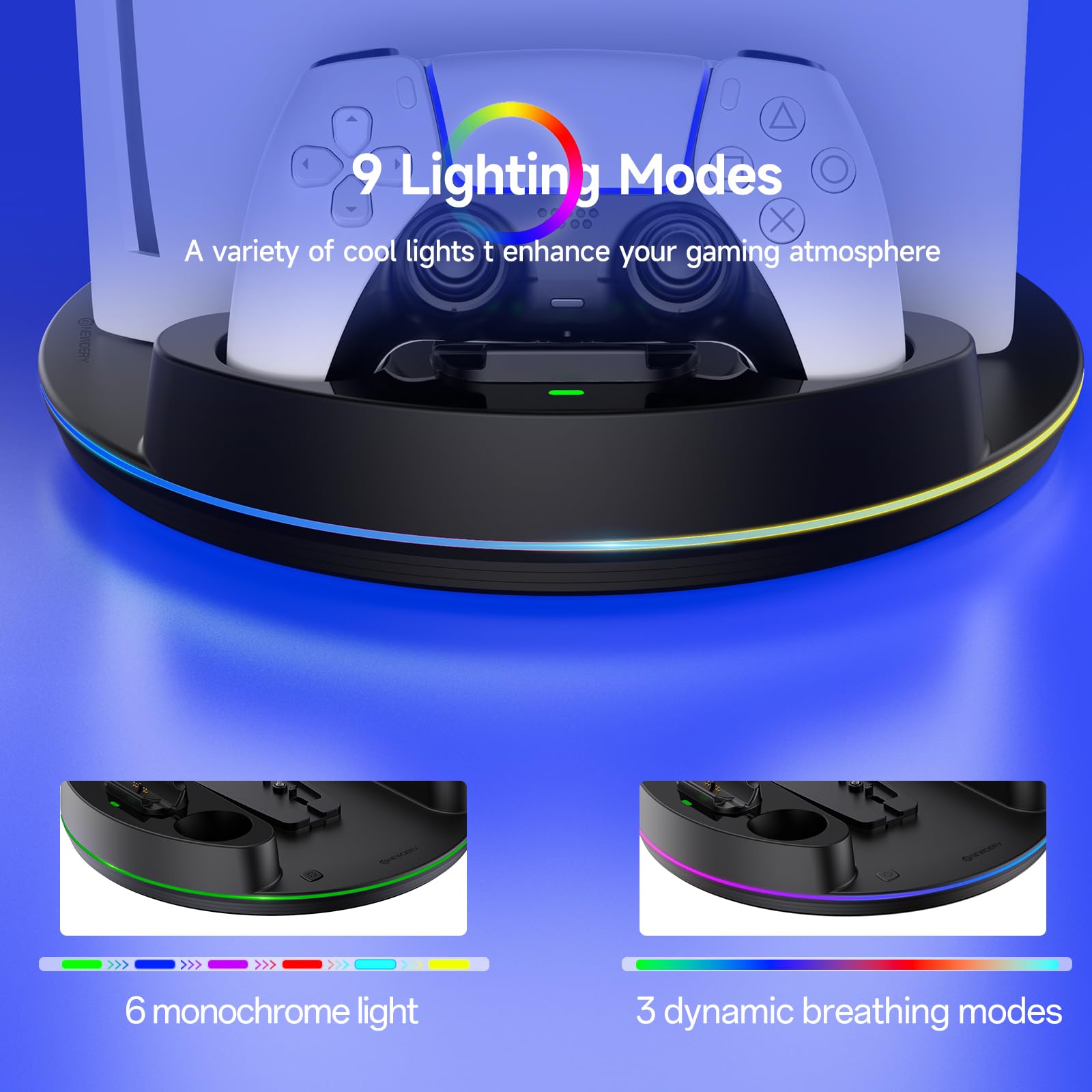 NEWDERY PS5 stand and dual controller charger station with RGB lights, black vertical stand for PlayStation 5 digital and disc consoles