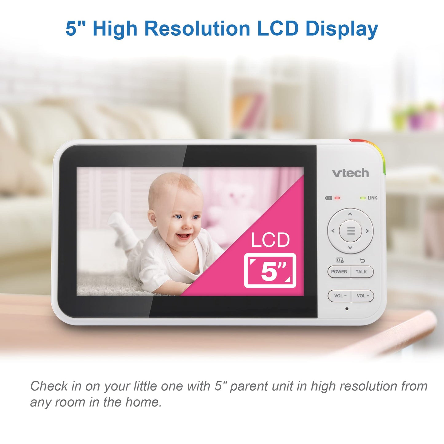 VTech VM924 video baby monitor with camera, 5" LCD screen, night vision, pan and tilt, and two-way talk in a nursery setting.