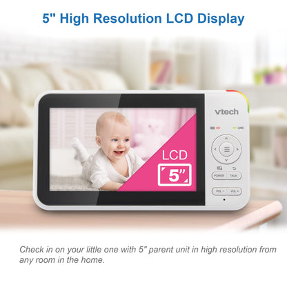 VTech VM924 video baby monitor with camera, 5" LCD screen, night vision, pan and tilt, and two-way talk in a nursery setting.