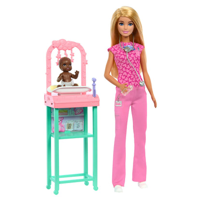 Barbie Baby Doctor doll with blonde hair in pink scrubs, includes baby accessories and furniture, realistic pediatric playset