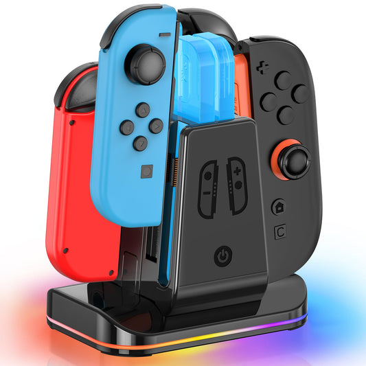 Rysker Switch 2-in-1 controller charger dock with RGB lighting for Nintendo Switch Joy-Cons and Nintendo 64 controllers.