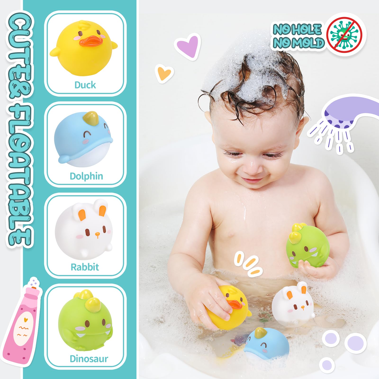 Cute Stone baby bath toys set with squirty ducks, slide, fishing net, and educational bath toys for boys and girls.