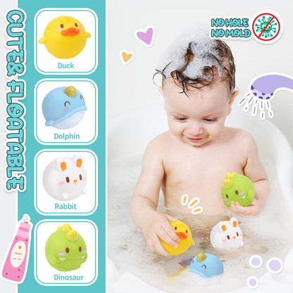 Cute Stone baby bath toys set with squirty ducks, slide, fishing net, and educational bath toys for boys and girls.