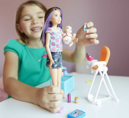 Barbie FHY98 family babysitter brunette doll with baby, highchair playset, and colorful accessories.