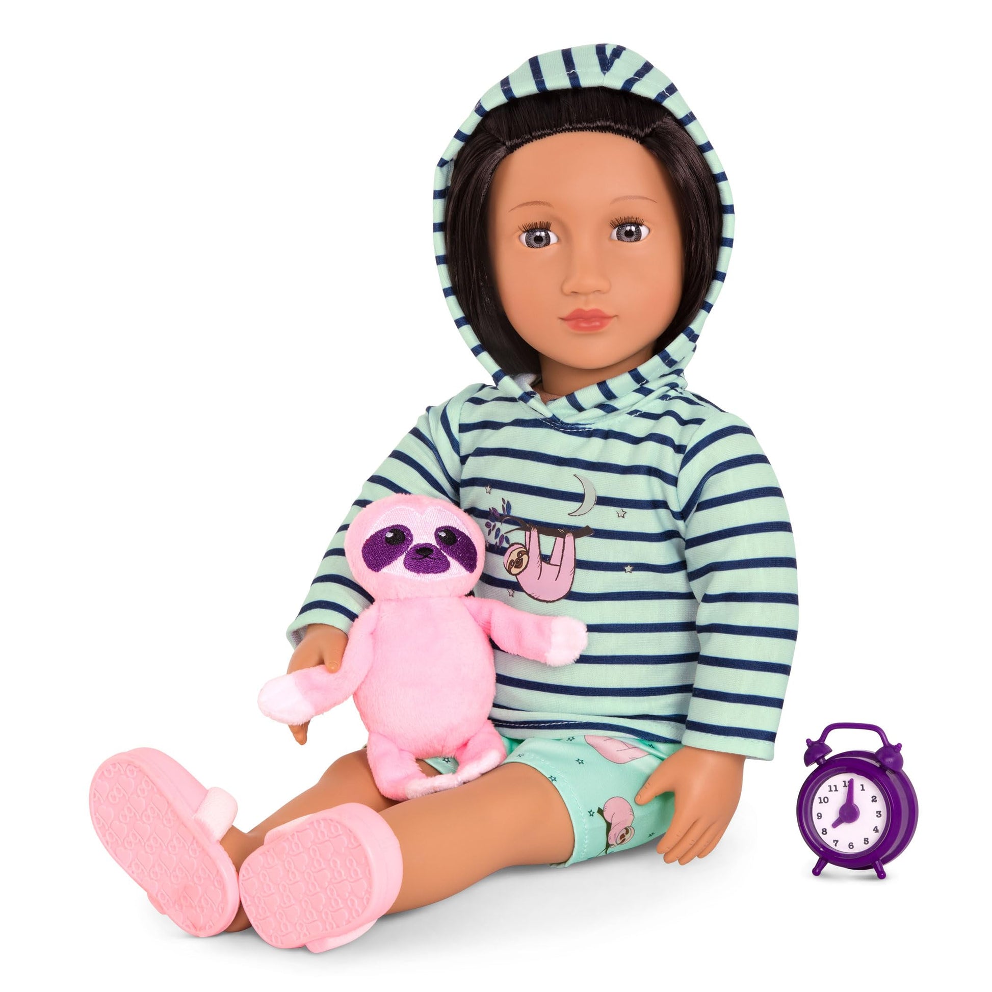 Our Generation Sleepy Sloth outfit features a hooded pajama set and plush sloth toy for 46 cm dolls.