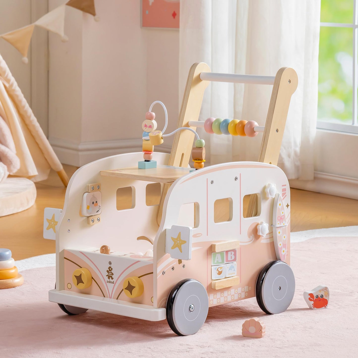Robud Wooden Baby Walker with tropical beach bus design, adjustable height and speed, helps develop motor skills for toddlers 10 months to 2 years