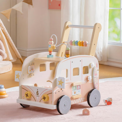 Robud Wooden Baby Walker with tropical beach bus design, adjustable height and speed, helps develop motor skills for toddlers 10 months to 2 years