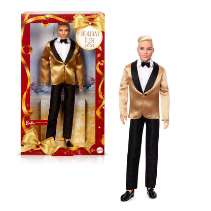 Barbie Signature 2025 Holiday Ken doll in a golden jacket suit, displayed in packaging with a stand.
