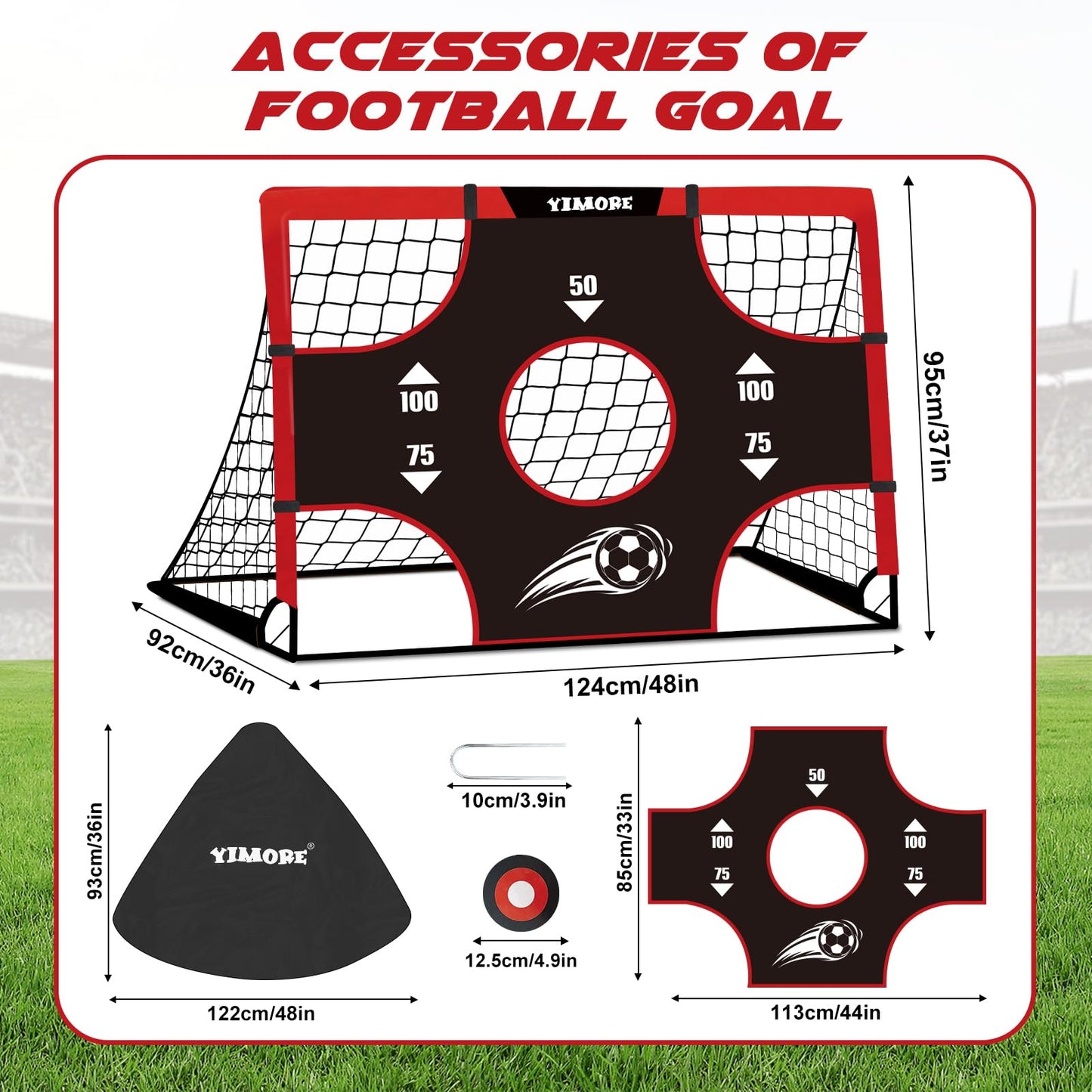 Yimore Kids Football Goal Portable, 3 In 1 Mini Football Goal Garden Indoor Outdoor 120 * 90 * 90 cm, Foldable Football Training with Target Gift for Boys Grils 3+ (Red)