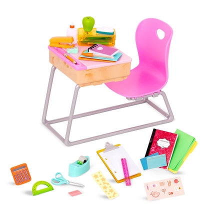 Our Generation Flying Colours Set with school desk and classroom supplies for 18-inch dolls, featuring 46 playset pieces.
