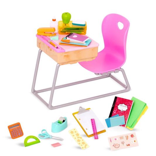 Our Generation Flying Colours Set with school desk and classroom supplies for 18-inch dolls, featuring 46 playset pieces.