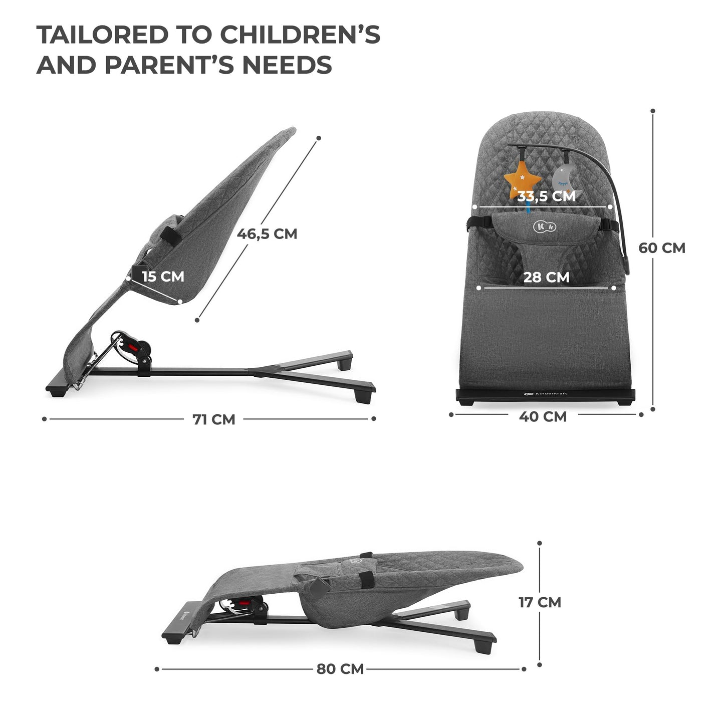 Kinderkraft Mimi baby bouncer chair with toy bar, adjustable seat, soft material, gray Scandinavian design, non-slip base for newborns.