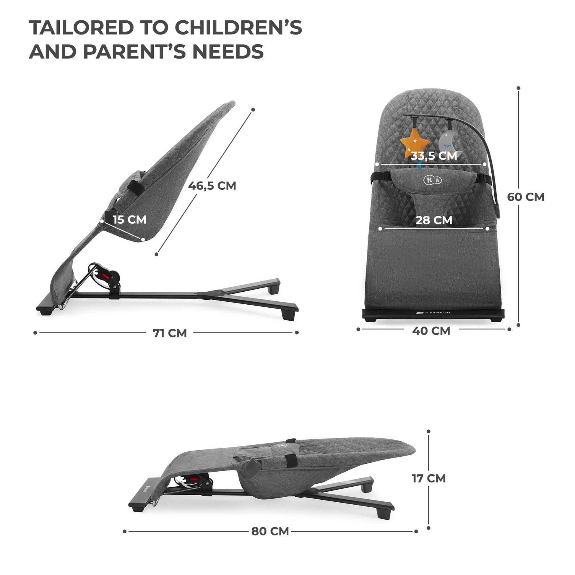 Kinderkraft Mimi baby bouncer chair with toy bar, adjustable seat, soft material, gray Scandinavian design, non-slip base for newborns.