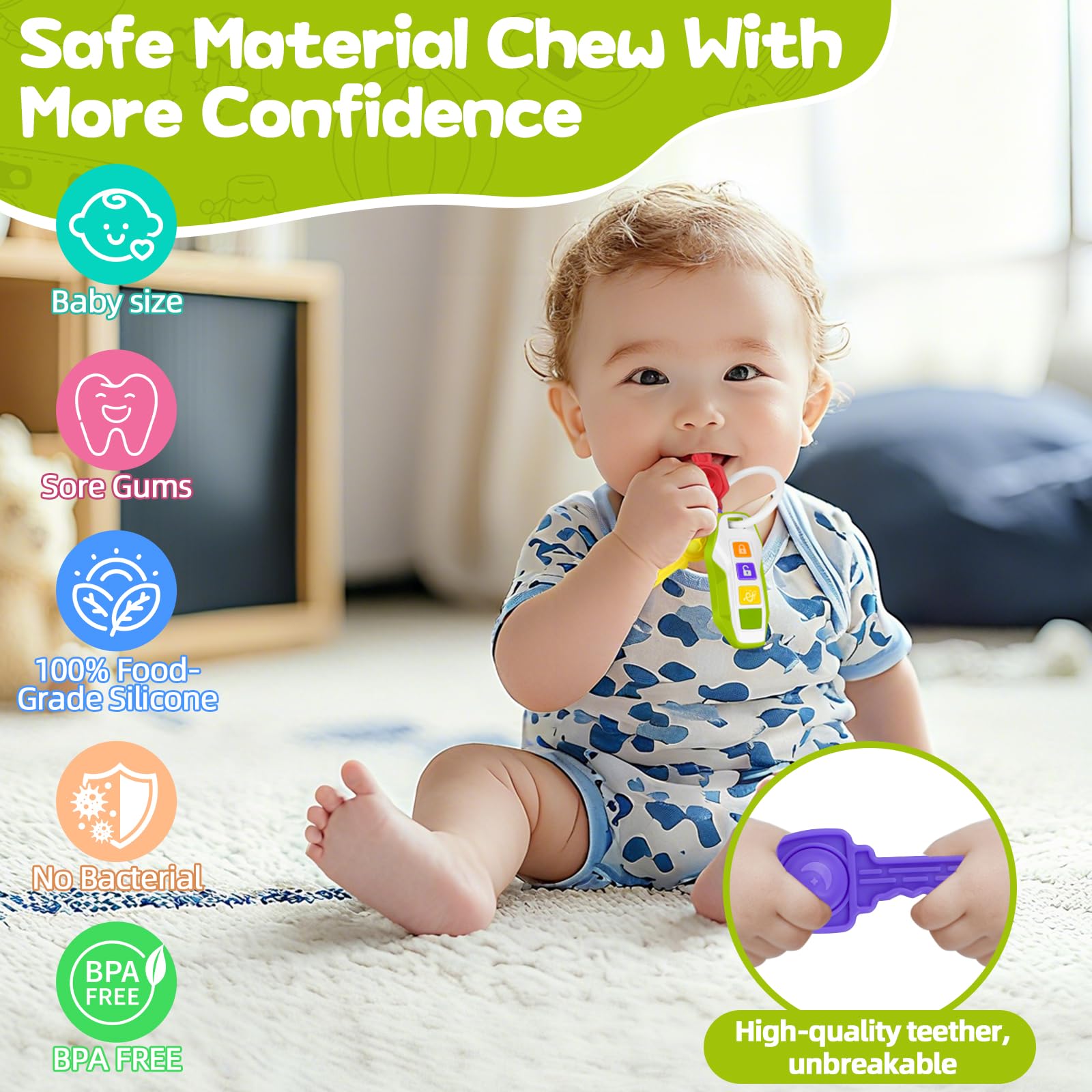Green baby key teething toy with music and lights, designed for sensory learning and fine motor skill development in infants.