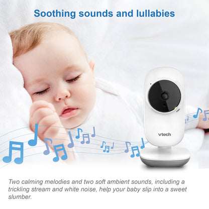 VTech VM3250 video baby monitor with camera, 2.8" LCD screen, night vision, long range, soothing sounds, and temperature sensor.