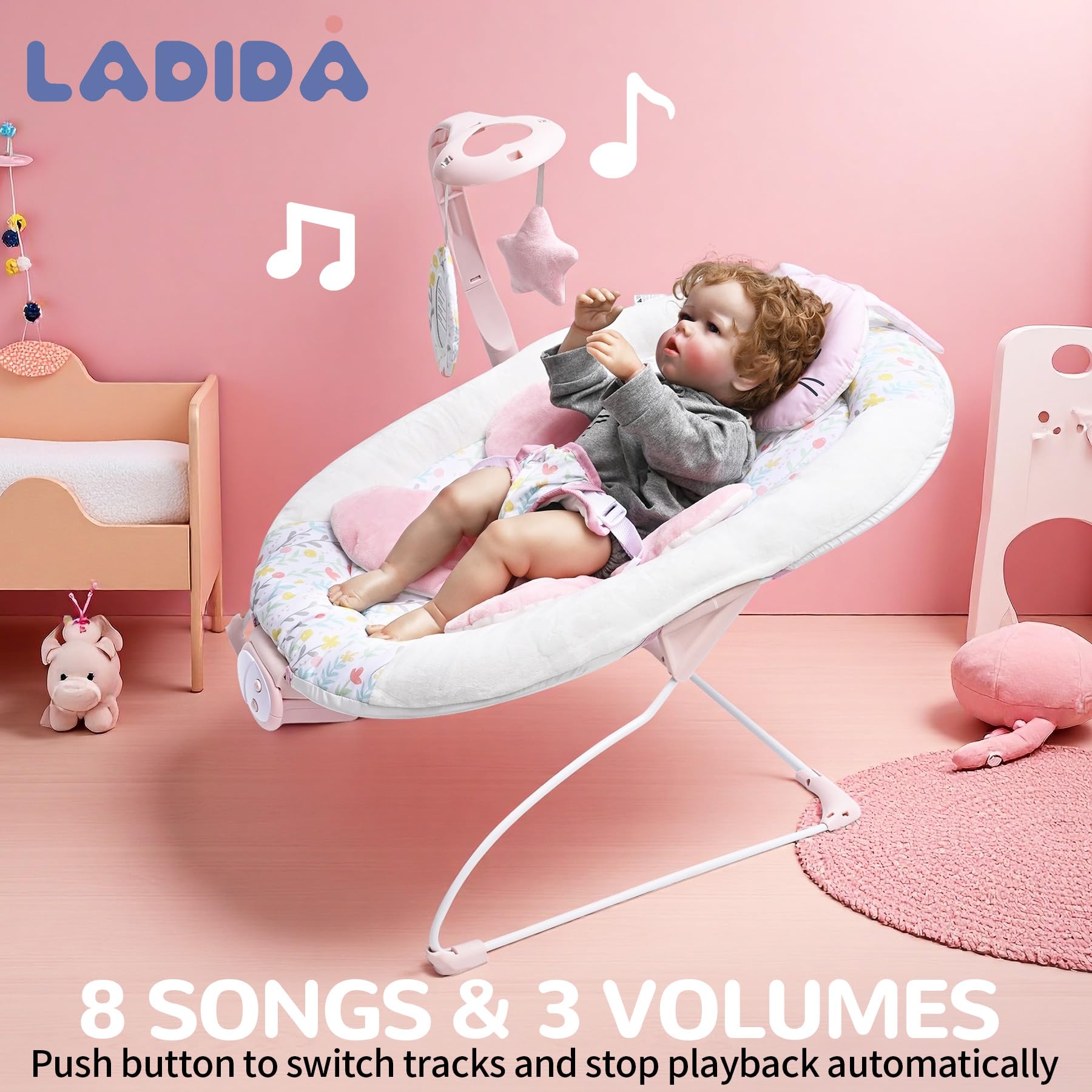 LADIDA baby bouncer for infants, featuring a removable toy bar, 3 speeds, soothing songs, and vibrating seat for newborns.