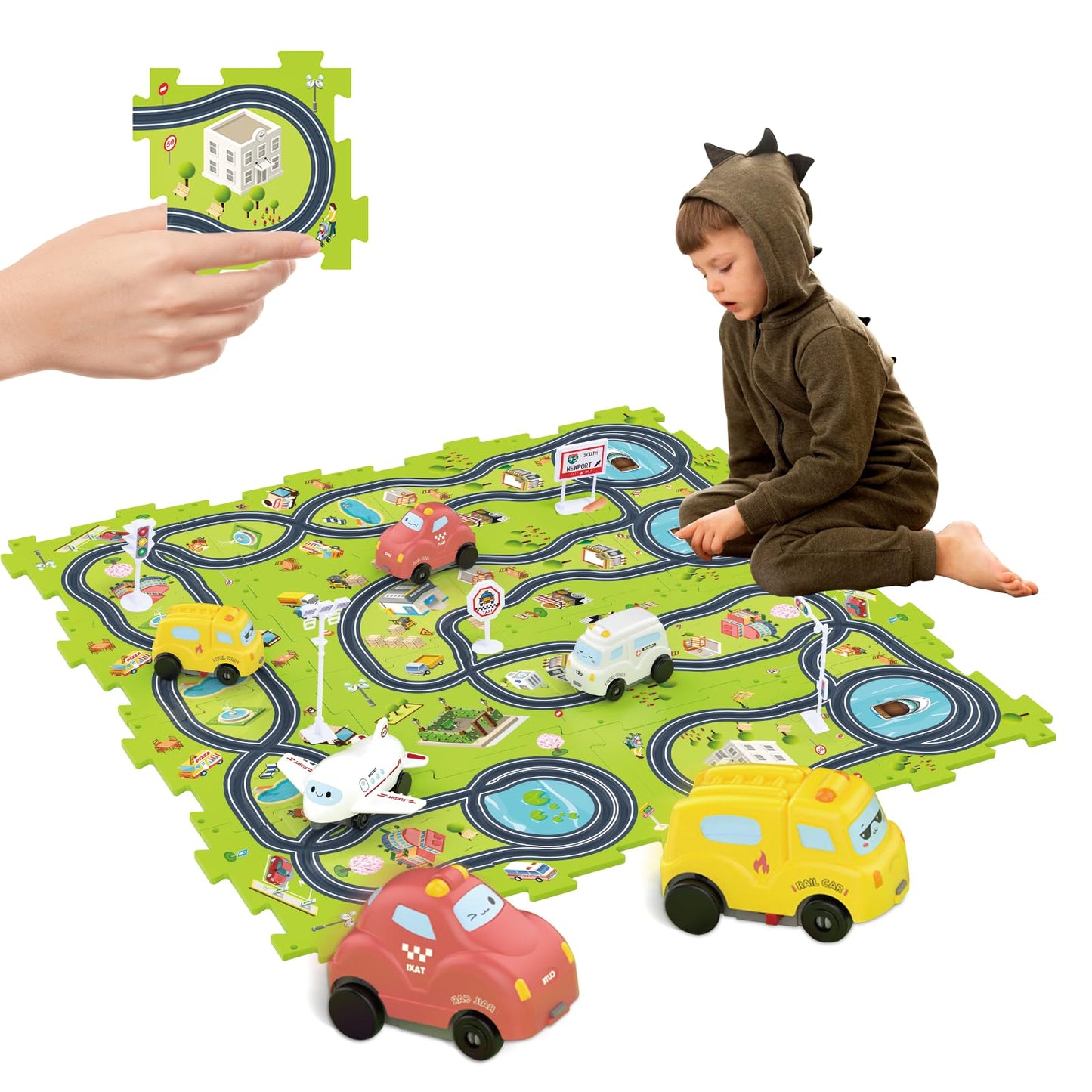 Bearbao Toddler Toys Gifts for 3 4 5 Year Old Boys, Total 16 Pieces Jigsaw Puzzle Racer Track Car Set with 2 Cars for Kids Boys 3-5, Puzzle Tracks Car Toys Gifts for 3 4 5 Years Old Boy Kids