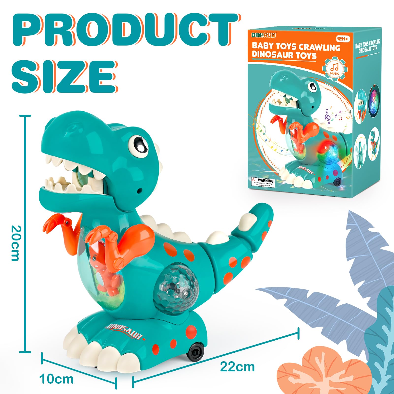 Colorful DINORUN dinosaur toy with lights and sounds, designed for crawling and walking, perfect for babies and toddlers.