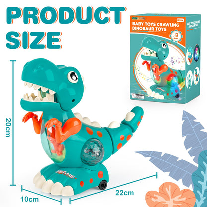 Colorful DINORUN dinosaur toy with lights and sounds, designed for crawling and walking, perfect for babies and toddlers.