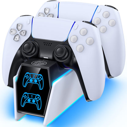 Tokluck PS5 controller charger station with LED indicators for PlayStation 5 Edge and Dual controllers, white gaming dock stand.