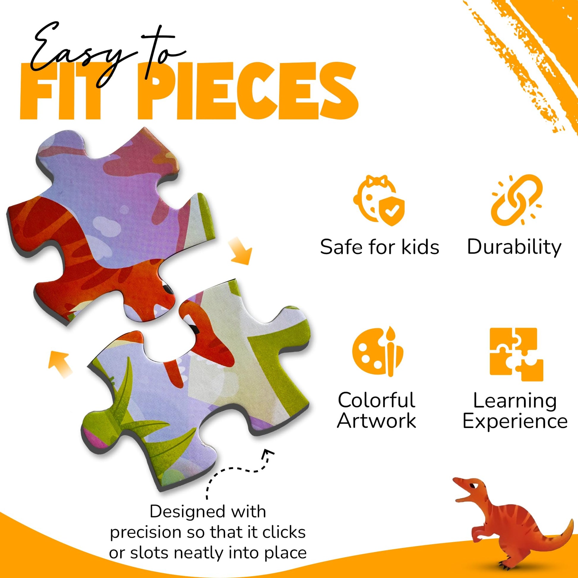 Colorful 60-piece dinosaur puzzle for kids ages 3-8, featuring dinosaur illustrations, designed for educational play and travel.