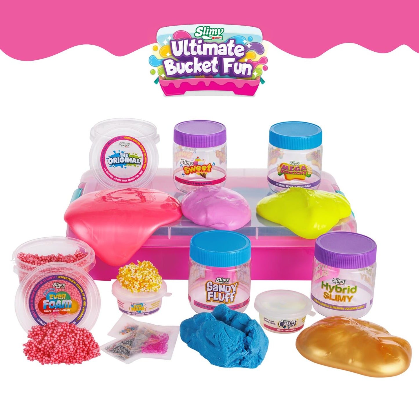 Colorful slime in a bucket with playful textures, part of the Slimy Ultimate Bucket Fun collection.