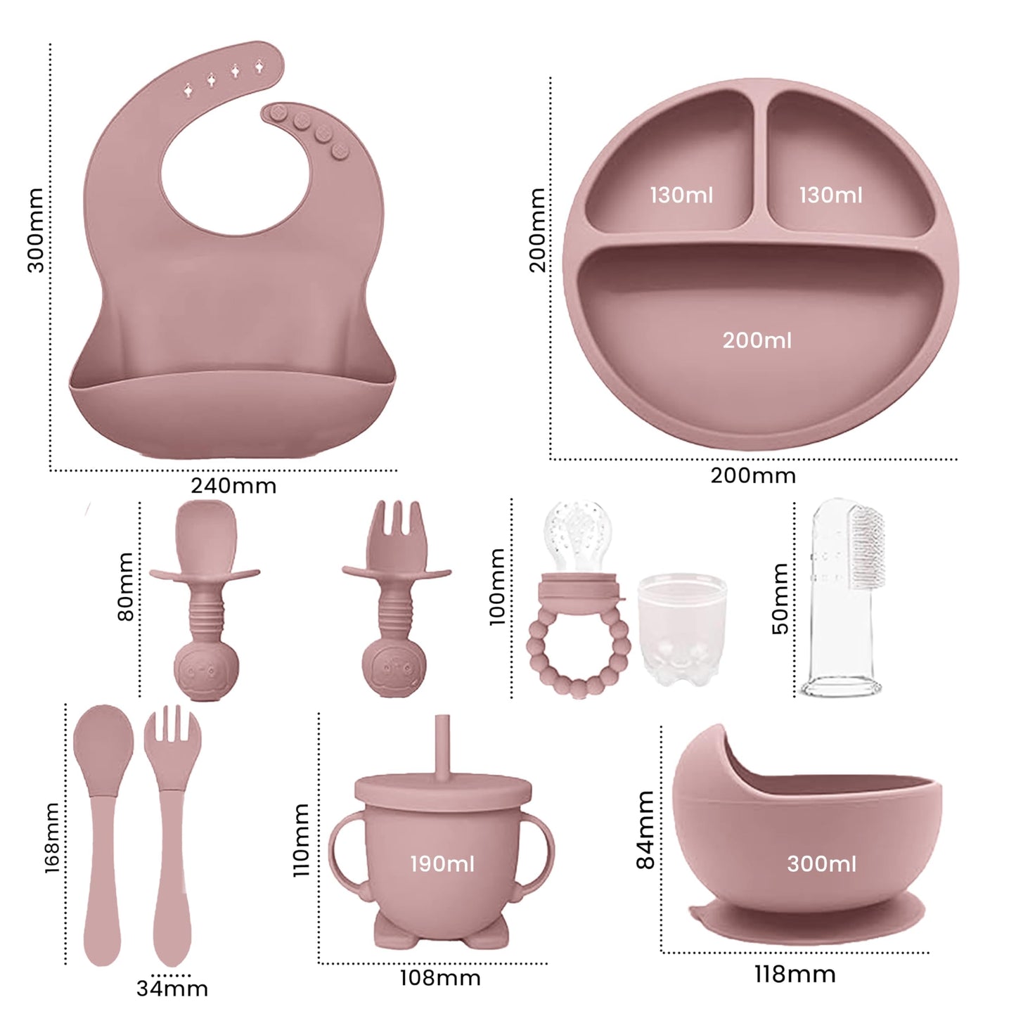 Indique Baby Weaning Set - 11 Pcs Silicone Baby Feeding Set with Suction Plate, Weaning Kit with Adjustable Bib, Fork, Spoon, Fruit Feeder & Toothbrush – Ideal Weaning Set Gift (Light Pink)