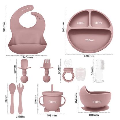 Indique Baby Weaning Set - 11 Pcs Silicone Baby Feeding Set with Suction Plate, Weaning Kit with Adjustable Bib, Fork, Spoon, Fruit Feeder & Toothbrush – Ideal Weaning Set Gift (Light Pink)
