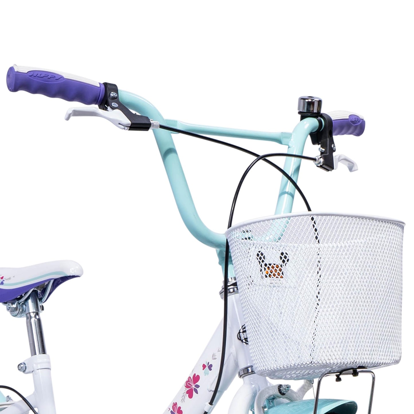 Huffy Girly Girl 20-Inch Cruiser Bike, Basket, Bell, Mudguards, Adjustable Comfort Saddle, Upright Handlebars, Single-Speed, Dual Brakes, Stylish Girls’ Bike for Ages 5-9, White & Sea Crystal